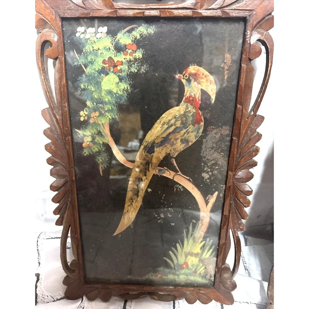 2 VTG Mexican Folk Art Feathercraft Feather Colorful Birds Carved Wood Frame